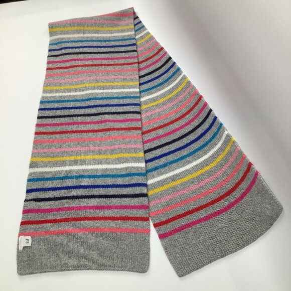 GAP Merino Wool Blend Rainbow Stripe Gray Knit Sweater Scarf Y2K 64” x 10.5” - Picture 2 of 4